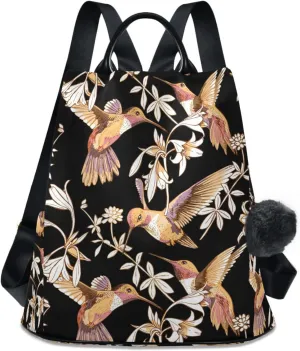 Fustylead Floral Gold Hummingbirds Flowers Backpack Purse for Women Anti Theft Fashion Back Pack Shoulder Bag