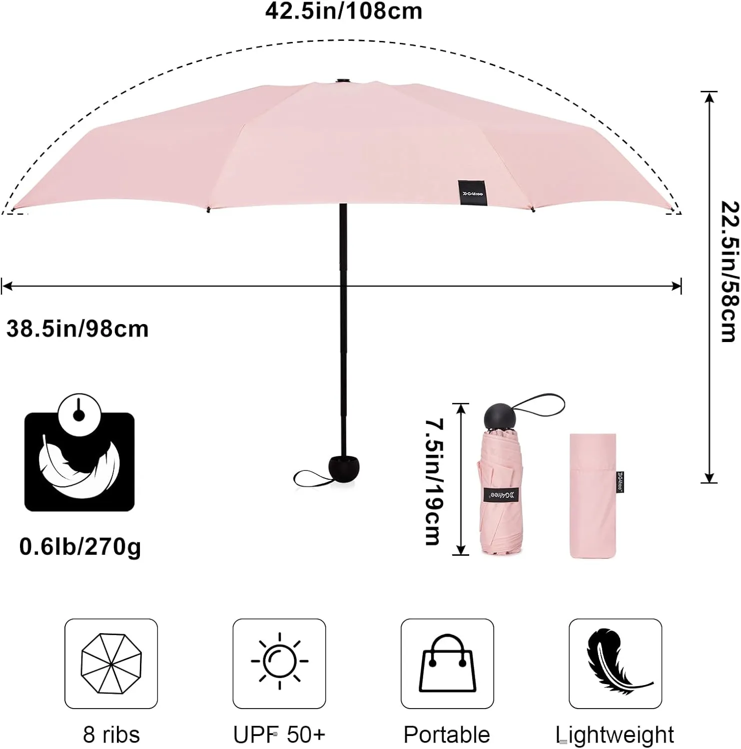 G4Free Compact Travel Umbrella UPF 50  UV Protection Sun Blocking Mini Umbrellas for Men and Women