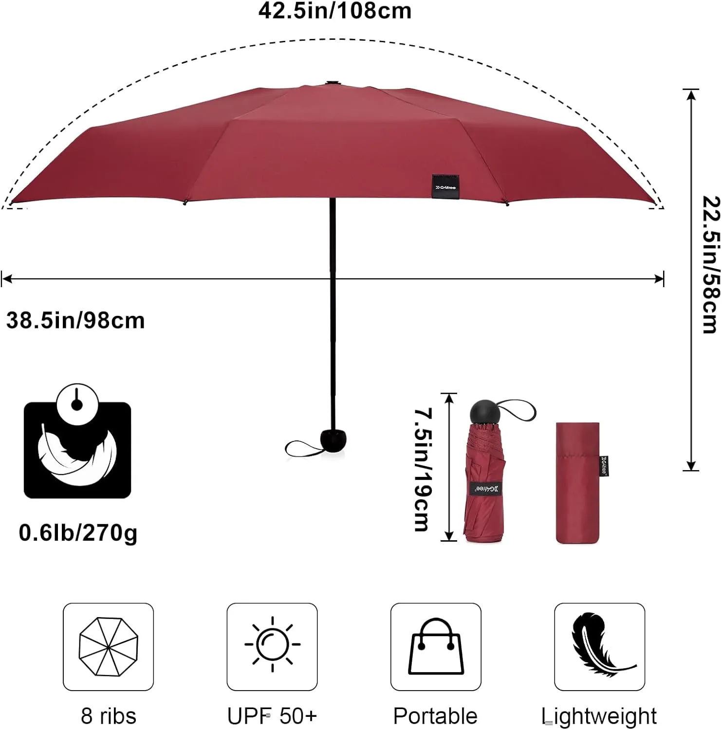 G4Free Compact Travel Umbrella UPF 50  UV Protection Sun Blocking Mini Umbrellas for Men and Women
