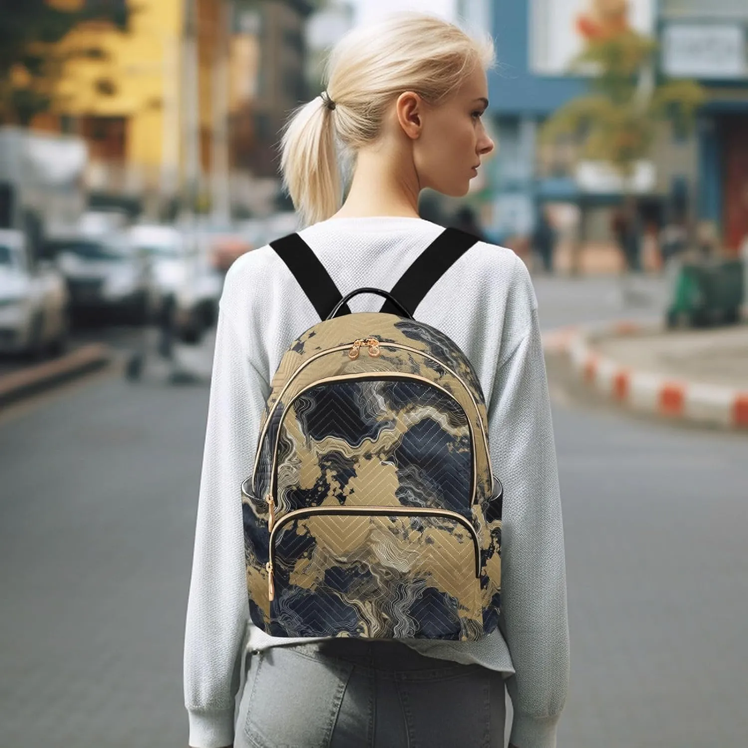 GAIGEO Black Bronzing Texture Scene Women Fashion Backpacks, Backpack Purse Medium Size, Casual Daypack for Women, M