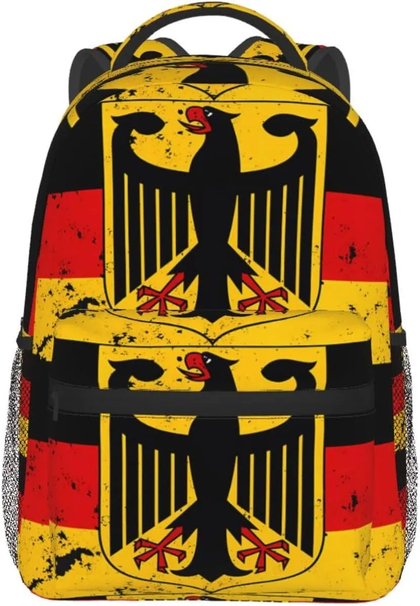 Germany Coat Of Arms German Flag Casual Backpack Travel Pack Bag Laptop Backpacks With Side Pockets Front Zipper Pockets Bookpack Daypack Picnic Rucksack Computer Bag
