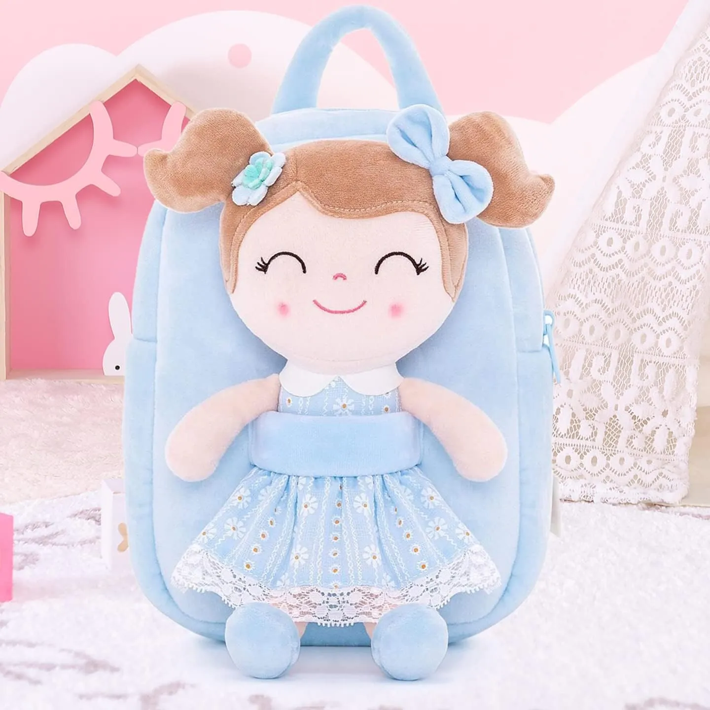 Gloveleya Kids Backpack Toddler Girls Backpacks with Soft Plush Doll Toys Blue 9"……