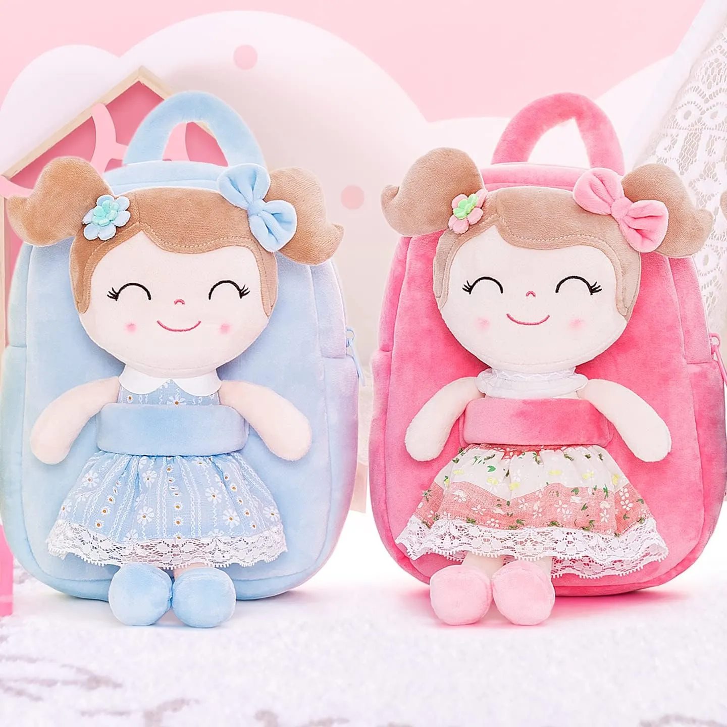 Gloveleya Kids Backpack Toddler Girls Backpacks with Soft Plush Doll Toys Blue 9"……