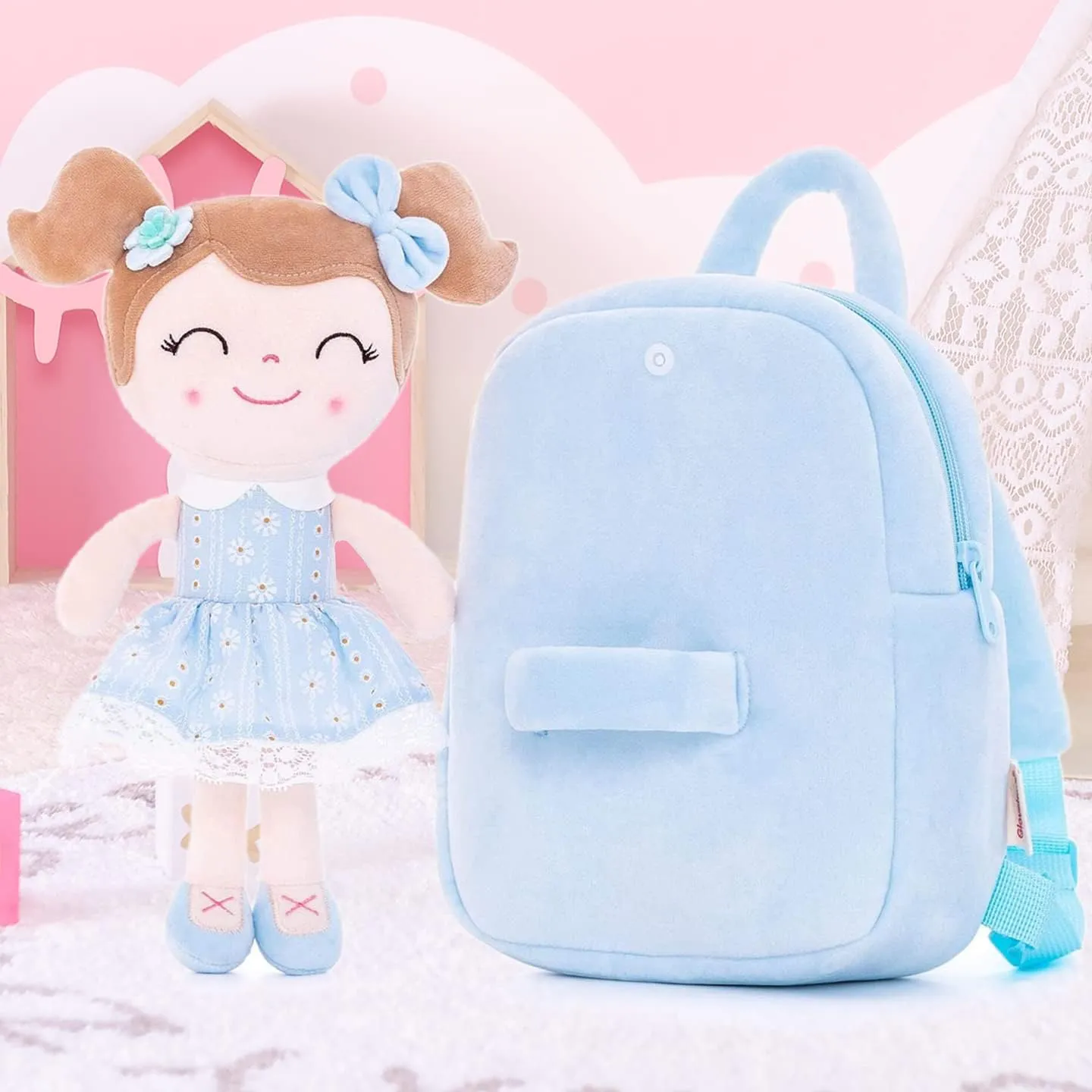Gloveleya Kids Backpack Toddler Girls Backpacks with Soft Plush Doll Toys Blue 9"……