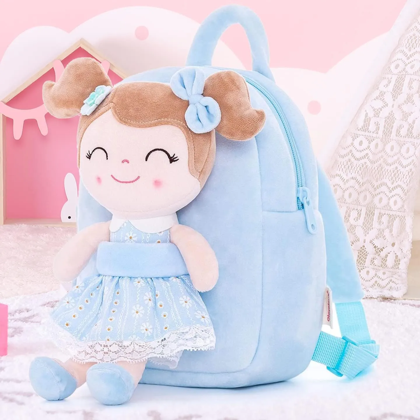 Gloveleya Kids Backpack Toddler Girls Backpacks with Soft Plush Doll Toys Blue 9"……