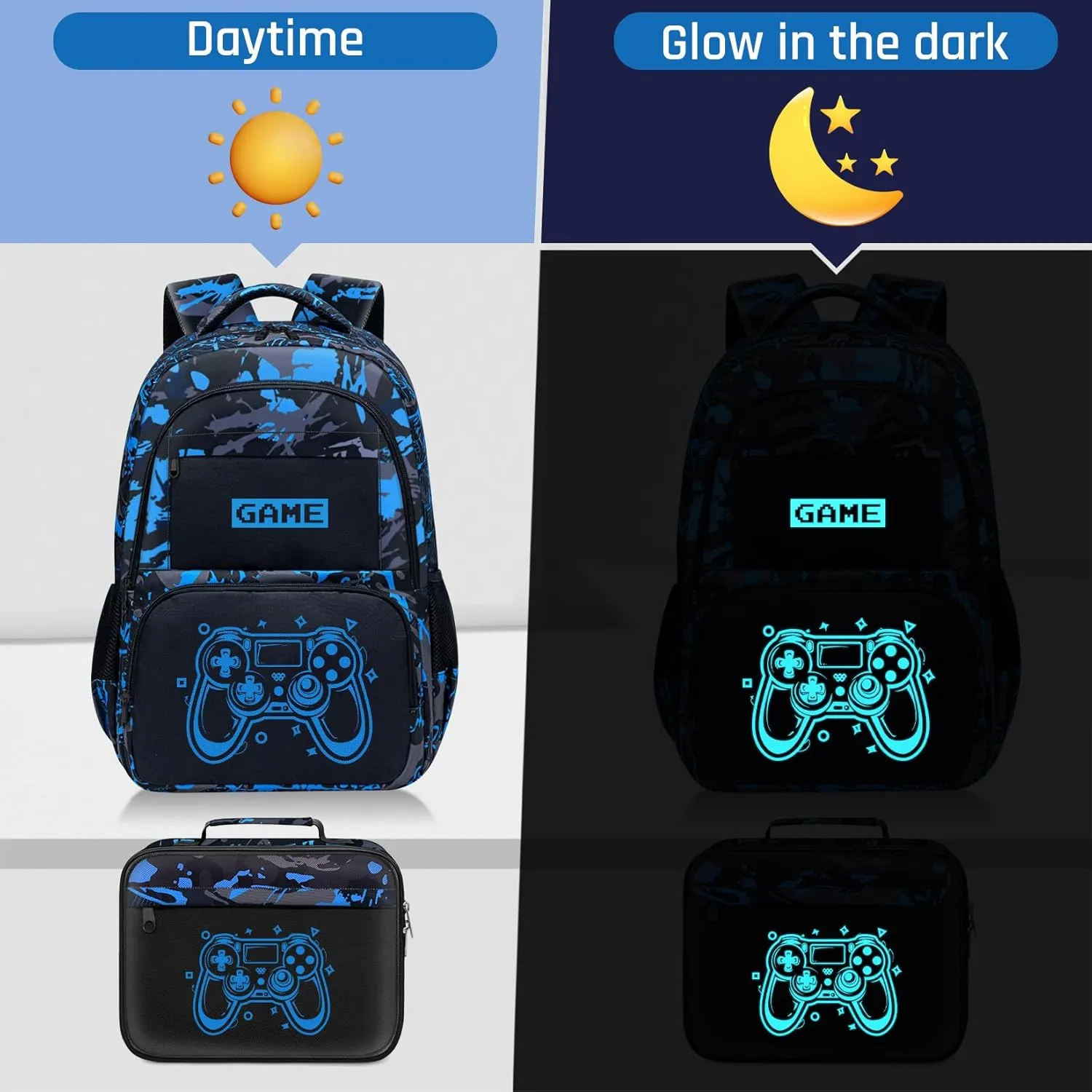 Glow in The Dark Backpack for Boys - 3pcs Game Boys Backpack for Kids Children Teens Elementary Middle School - 17″ Gamer Bookbag Travel Back Pack for Age 6-18