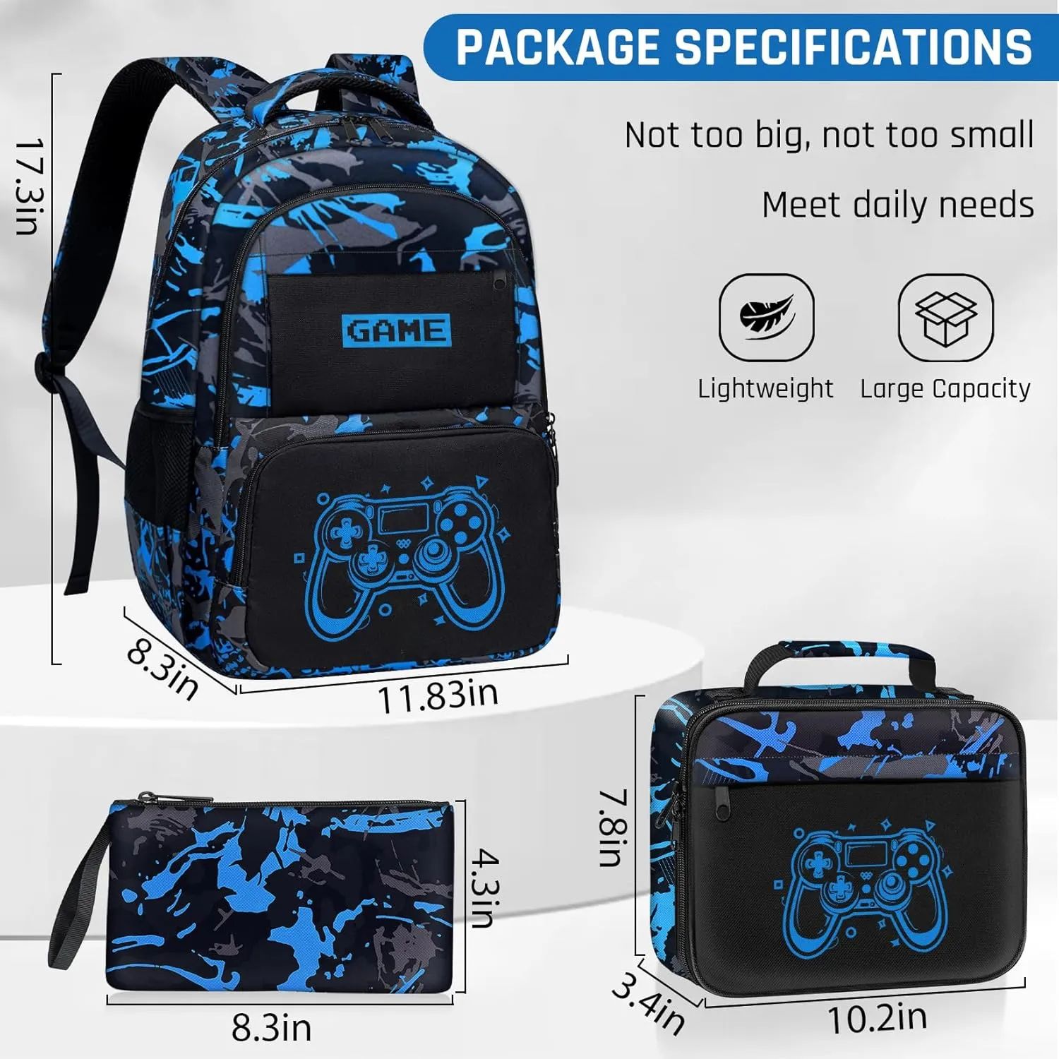 Glow in The Dark Backpack for Boys - 3pcs Game Boys Backpack for Kids Children Teens Elementary Middle School - 17″ Gamer Bookbag Travel Back Pack for Age 6-18