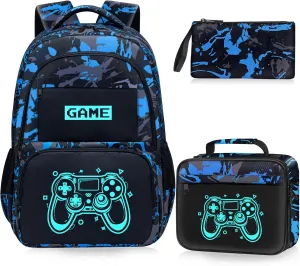 Glow in The Dark Backpack for Boys - 3pcs Game Boys Backpack for Kids Children Teens Elementary Middle School - 17″ Gamer Bookbag Travel Back Pack for Age 6-18