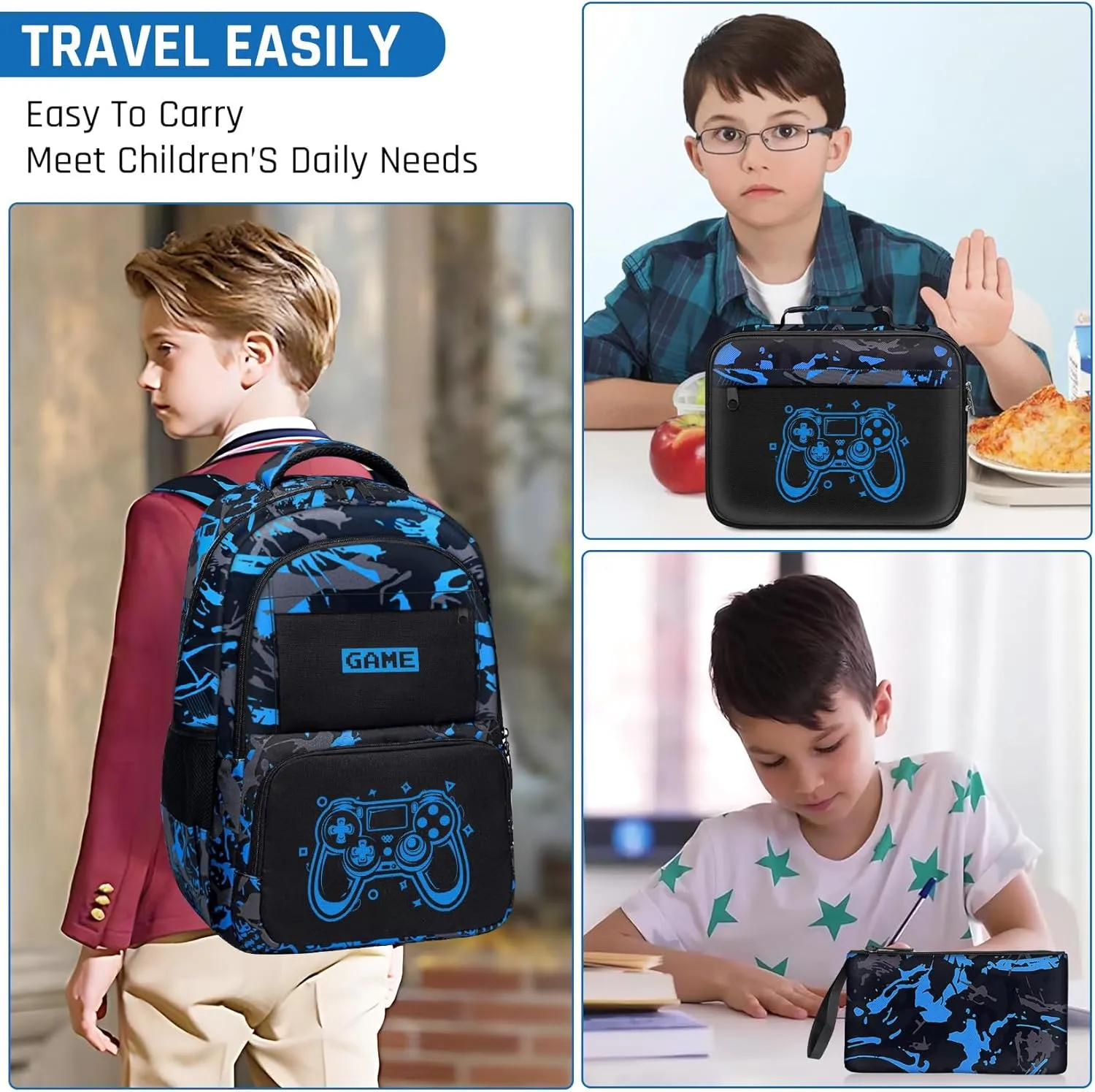 Glow in The Dark Backpack for Boys - 3pcs Game Boys Backpack for Kids Children Teens Elementary Middle School - 17″ Gamer Bookbag Travel Back Pack for Age 6-18