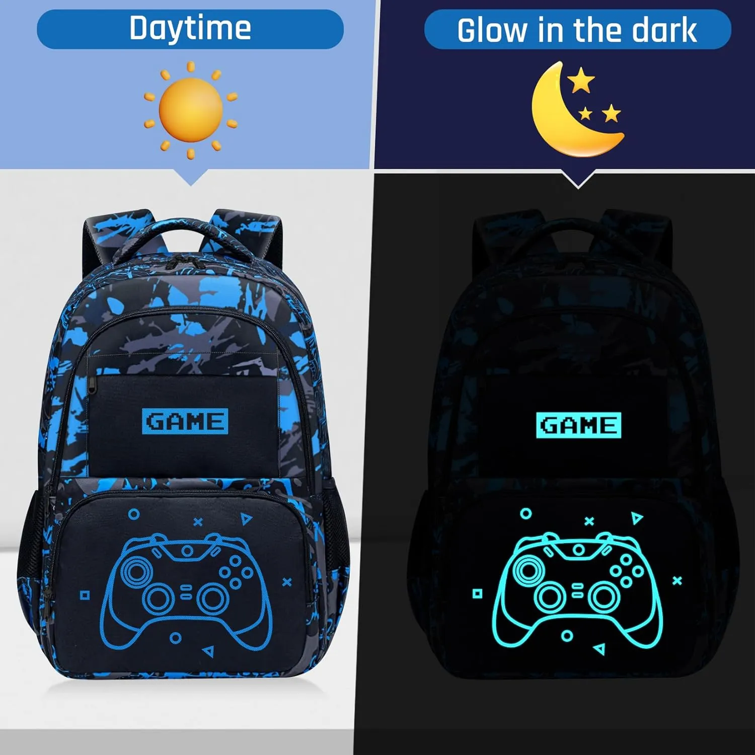 Glow in The Dark Backpack for Boys - Game Boys Backpack for Kids Children Teens Elementary Middle School - 17″ Gamer Bookbag Travel Back Pack for Age 6-18