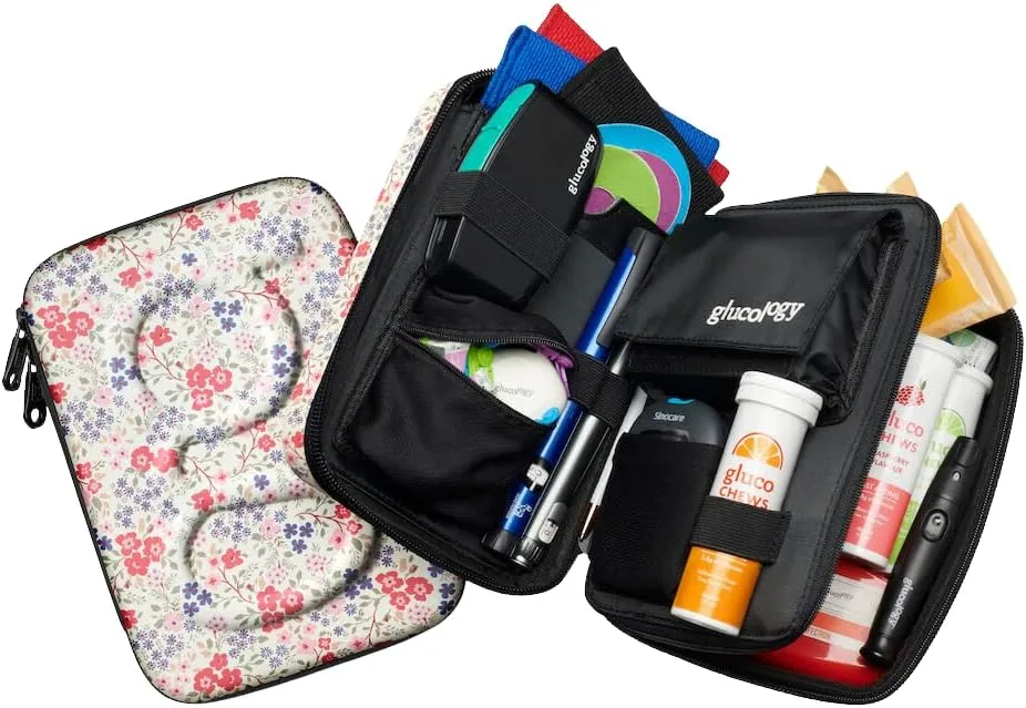 Glucology Diabetic Travel Case - Organizer for Blood Sugar Test Strips, Medication, Glucose Meter, Pills, Tablets, Pens, Insulin Syringes, Needles, Lancets (Flowers, Plus)