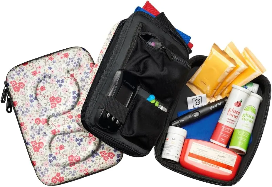 Glucology Diabetic Travel Case - Organizer for Blood Sugar Test Strips, Medication, Glucose Meter, Pills, Tablets, Pens, Insulin Syringes, Needles, Lancets (Flowers, Plus)