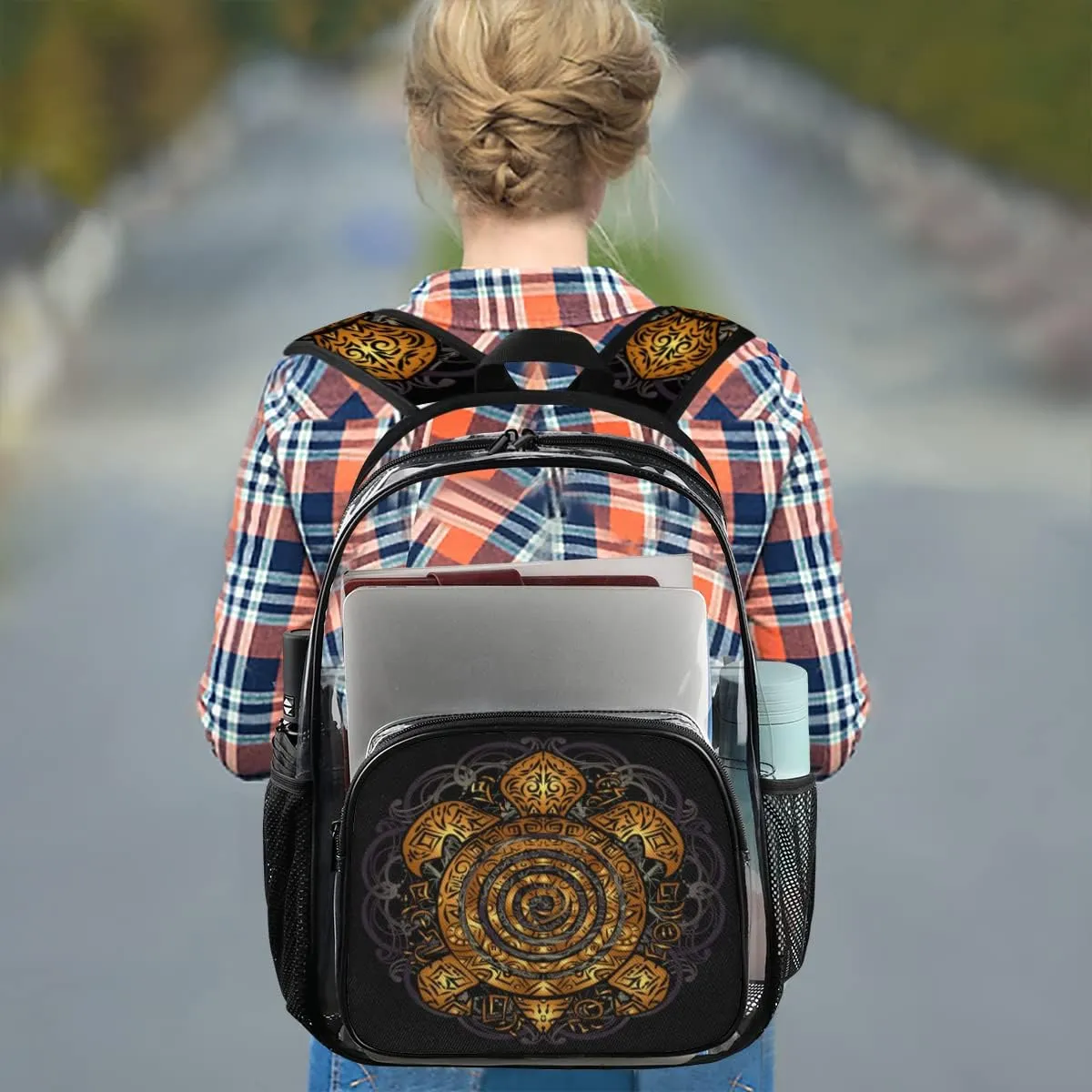 Golden Boho Sea Turtle Tattoo Clear Backpack Stadium Approved Heavy Duty PVC Transparent Backpacks Large Laptop Backpack for Work Travel Sports Events Concerts
