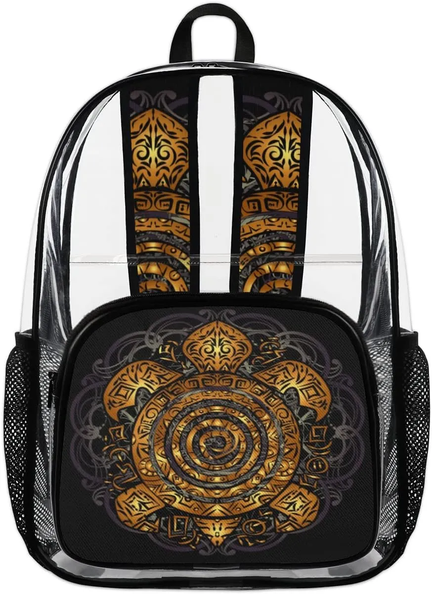 Golden Boho Sea Turtle Tattoo Clear Backpack Stadium Approved Heavy Duty PVC Transparent Backpacks Large Laptop Backpack for Work Travel Sports Events Concerts
