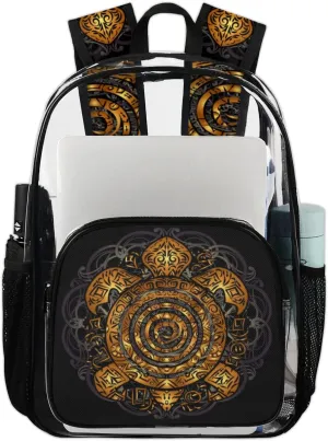 Golden Boho Sea Turtle Tattoo Clear Backpack Stadium Approved Heavy Duty PVC Transparent Backpacks Large Laptop Backpack for Work Travel Sports Events Concerts
