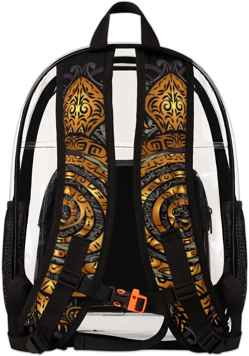 Golden Boho Sea Turtle Tattoo Clear Backpack Stadium Approved Heavy Duty PVC Transparent Backpacks Large Laptop Backpack for Work Travel Sports Events Concerts