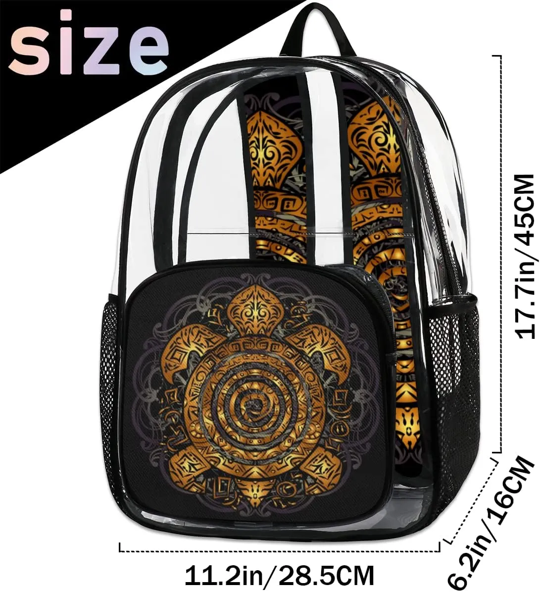 Golden Boho Sea Turtle Tattoo Clear Backpack Stadium Approved Heavy Duty PVC Transparent Backpacks Large Laptop Backpack for Work Travel Sports Events Concerts
