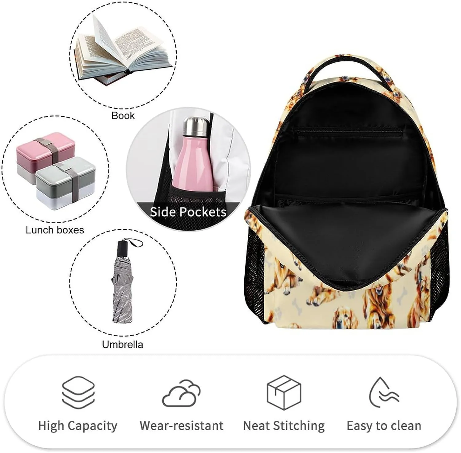 Golden Retriever Backpack for Kids Girls Boys School, 16 Inches Cute Dog Theme Bookbag, Adjustable, Lightweight, Large Capacity, Colorful Daily Casual Backpacks