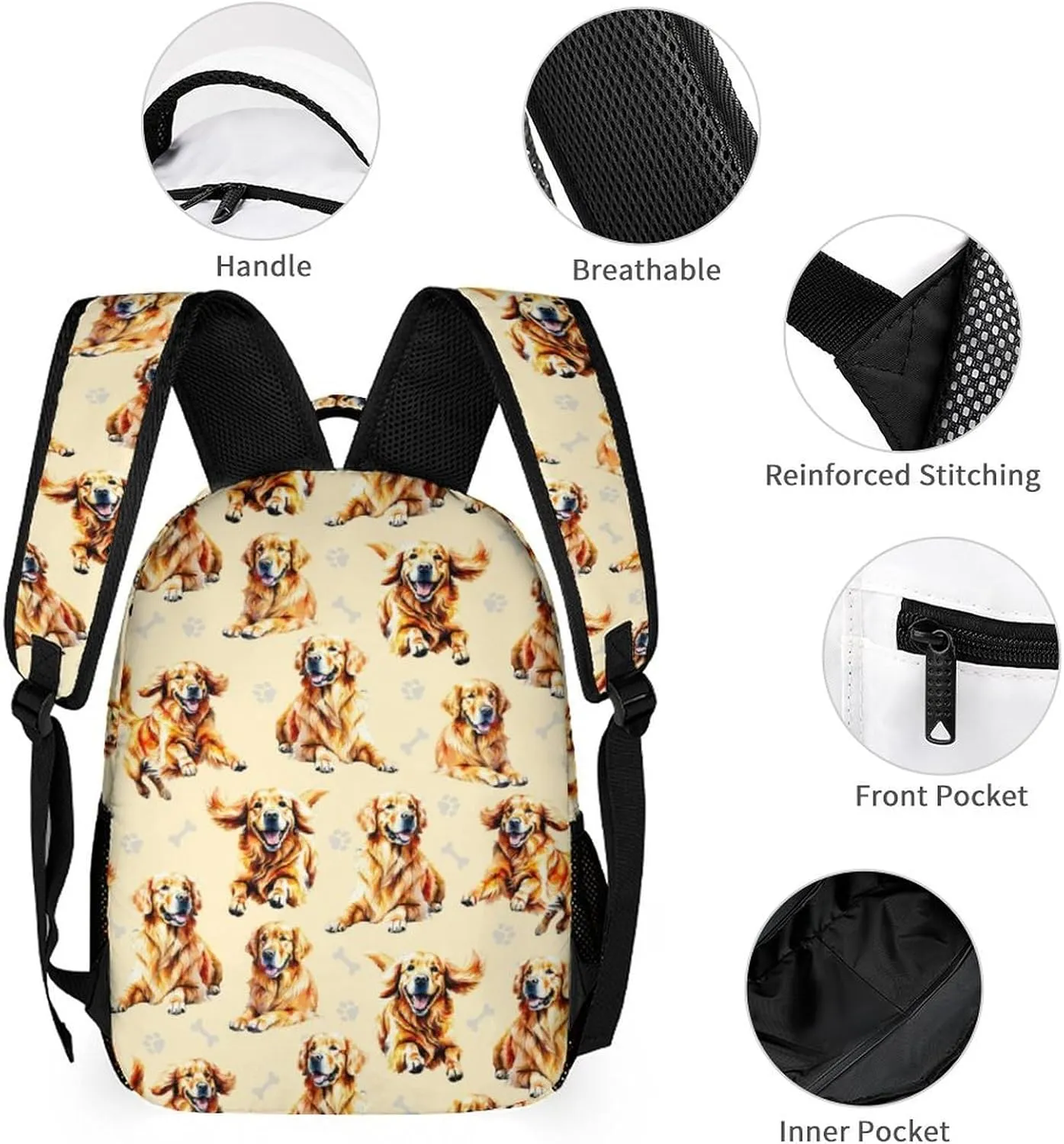 Golden Retriever Backpack for Kids Girls Boys School, 16 Inches Cute Dog Theme Bookbag, Adjustable, Lightweight, Large Capacity, Colorful Daily Casual Backpacks