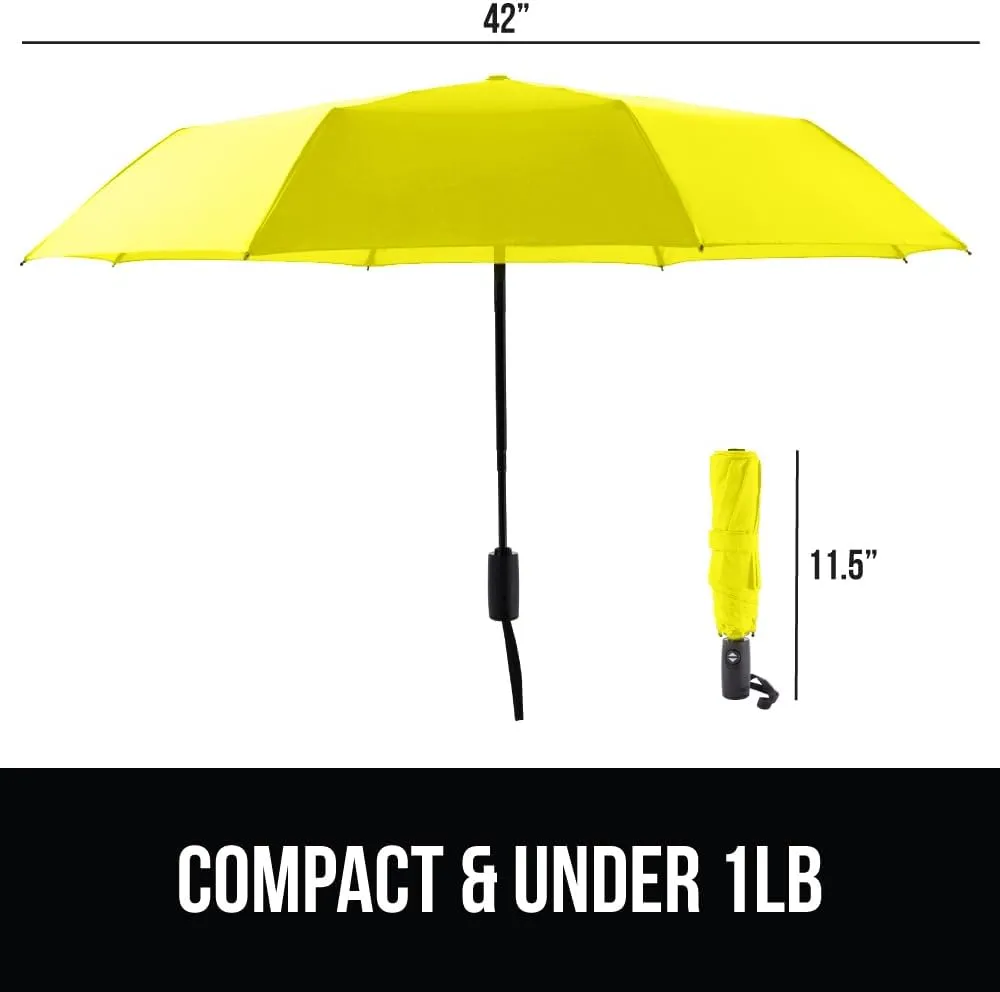 GORILLA GRIP Windproof Compact Stick Umbrella for Rain, One-Click Automatic Open and Close, Strong Reinforced Fiberglass Ribs, Easily Collapsible, Lightweight Portable Umbrellas for Travel, Yellow
