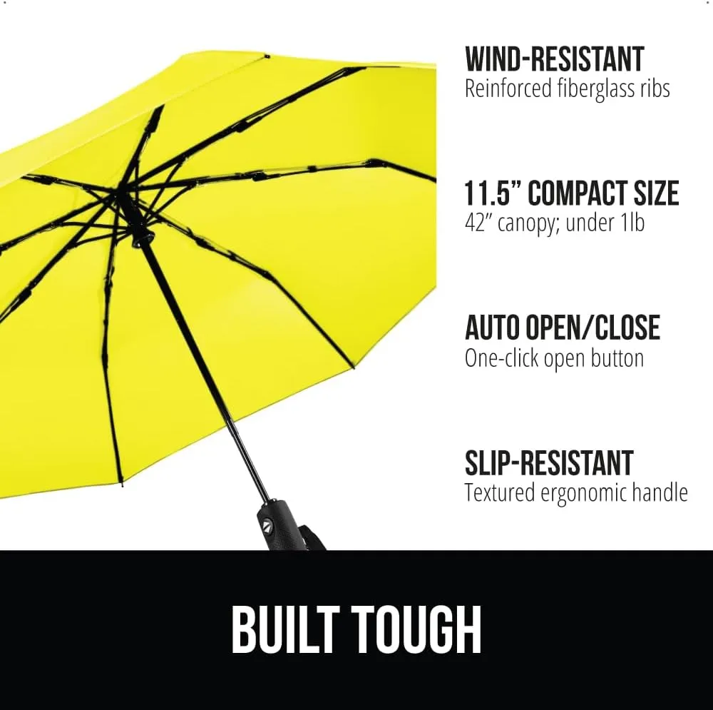 GORILLA GRIP Windproof Compact Stick Umbrella for Rain, One-Click Automatic Open and Close, Strong Reinforced Fiberglass Ribs, Easily Collapsible, Lightweight Portable Umbrellas for Travel, Yellow