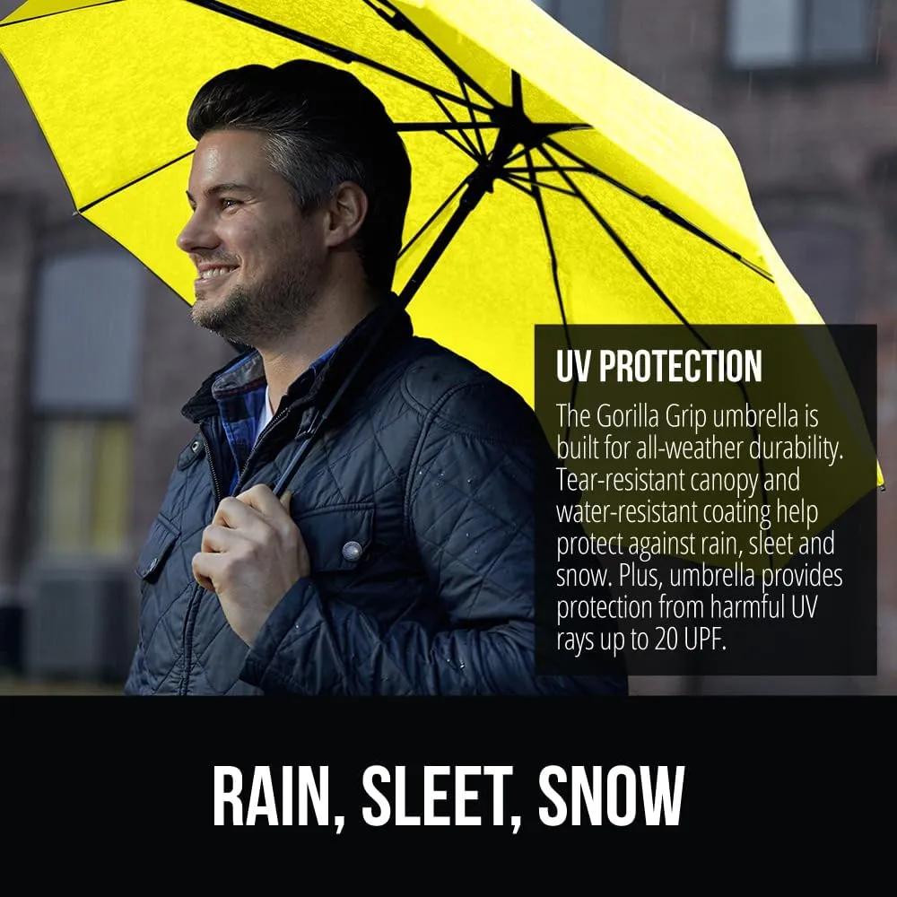 GORILLA GRIP Windproof Compact Stick Umbrella for Rain, One-Click Automatic Open and Close, Strong Reinforced Fiberglass Ribs, Easily Collapsible, Lightweight Portable Umbrellas for Travel, Yellow