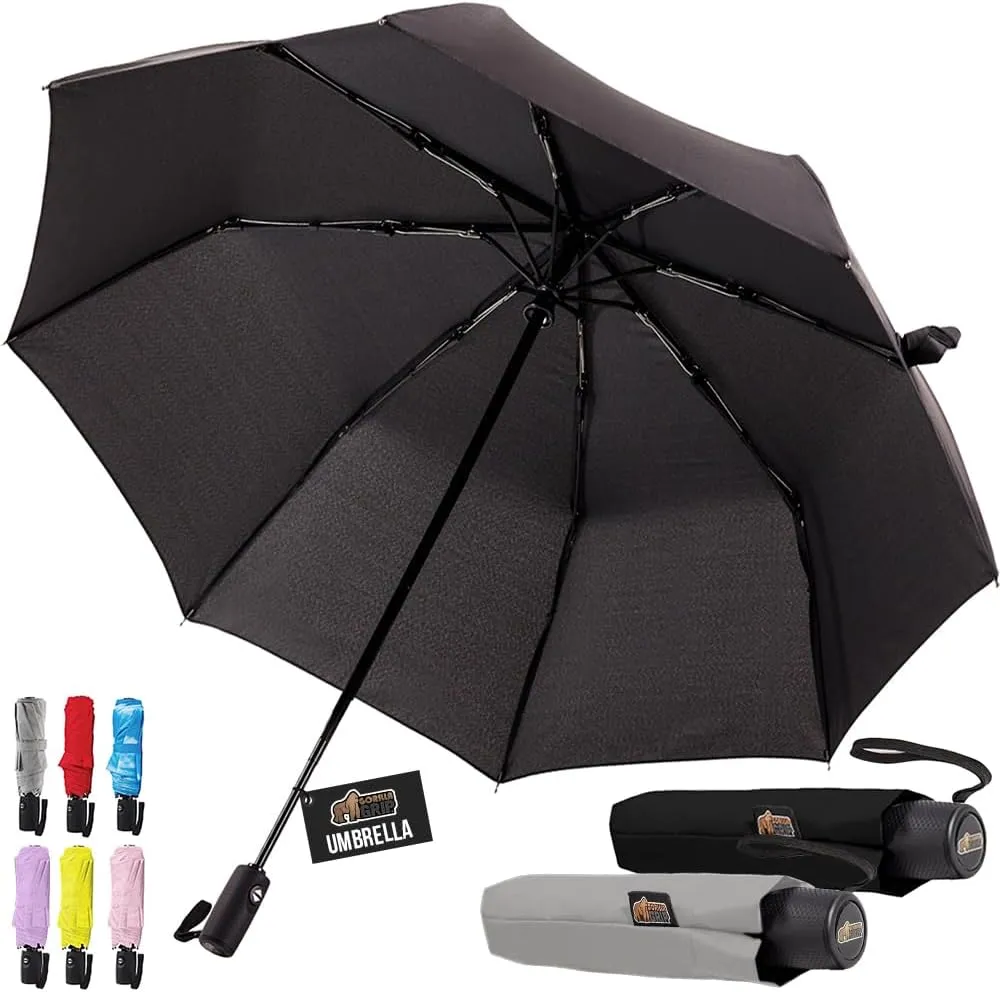 GORILLA GRIP Windproof Compact Stick Umbrella for Rain, One-Click Automatic Open and Close, Strong Reinforced Fiberglass Ribs, Easily Collapsible, Portable Umbrellas for Travel, 2 Pack, Black Gray