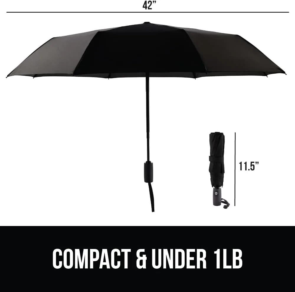 GORILLA GRIP Windproof Compact Stick Umbrella for Rain, One-Click Automatic Open and Close, Strong Reinforced Fiberglass Ribs, Easily Collapsible, Portable Umbrellas for Travel, 2 Pack, Black Gray