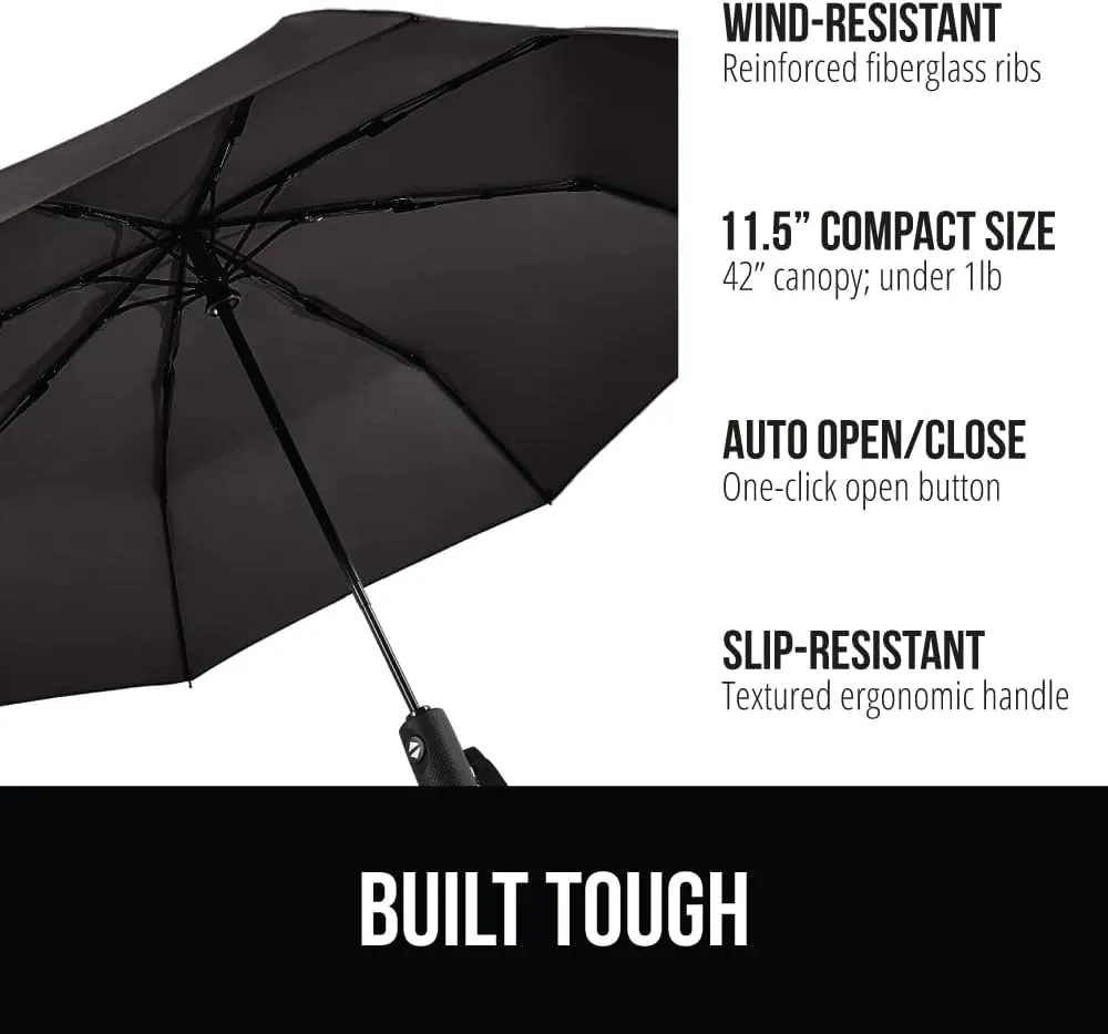 GORILLA GRIP Windproof Compact Stick Umbrella for Rain, One-Click Automatic Open and Close, Strong Reinforced Fiberglass Ribs, Easily Collapsible, Portable Umbrellas for Travel, 2 Pack, Black Gray