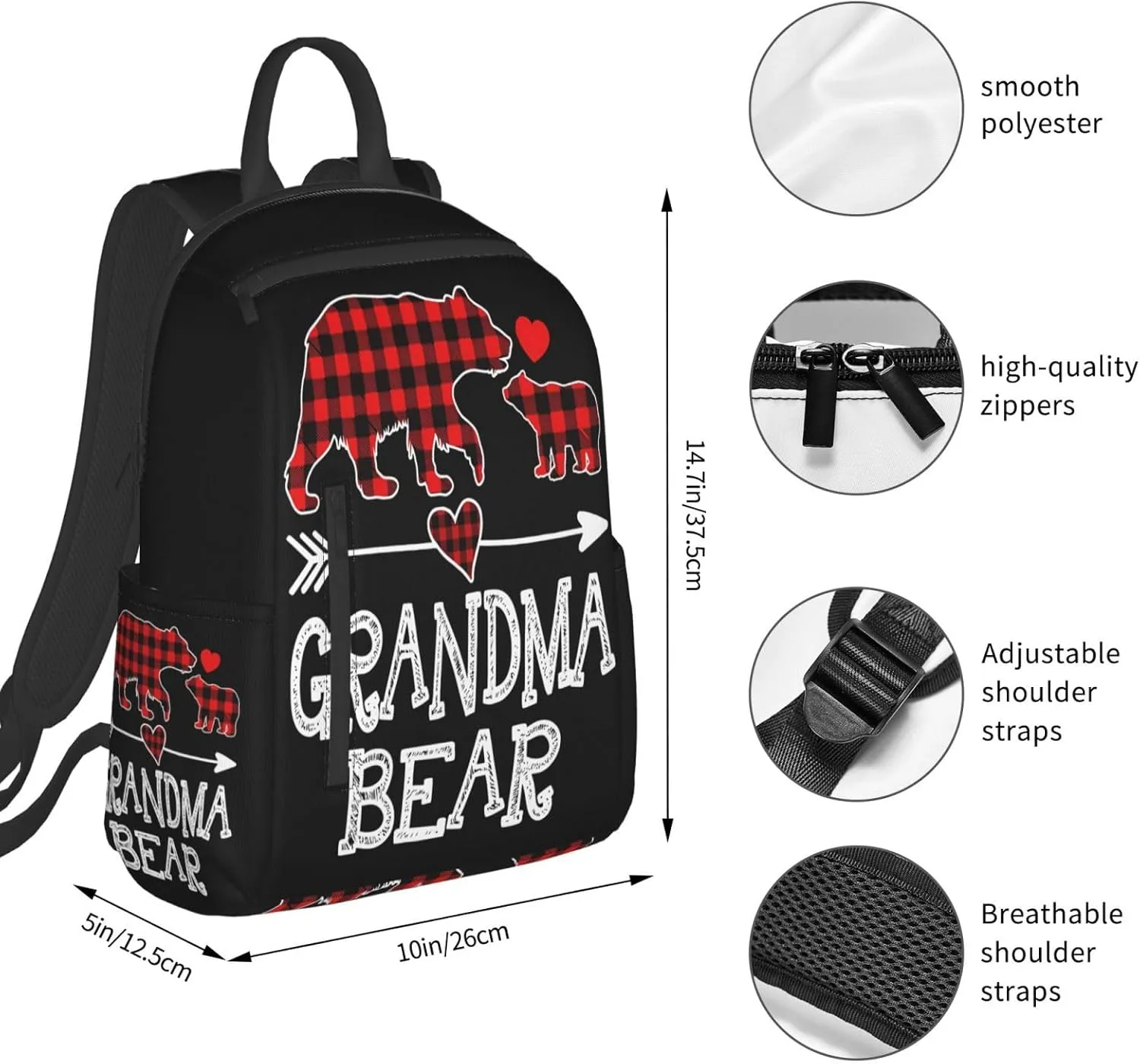 Grandma Bear Christmas Red Plaid Buffalo Casual Backpacks Large Capacity Laptop Backpack Sports Rucksack Travel Daypack Adjustable Shoulder Strap Work Bag for Outdoor Camping