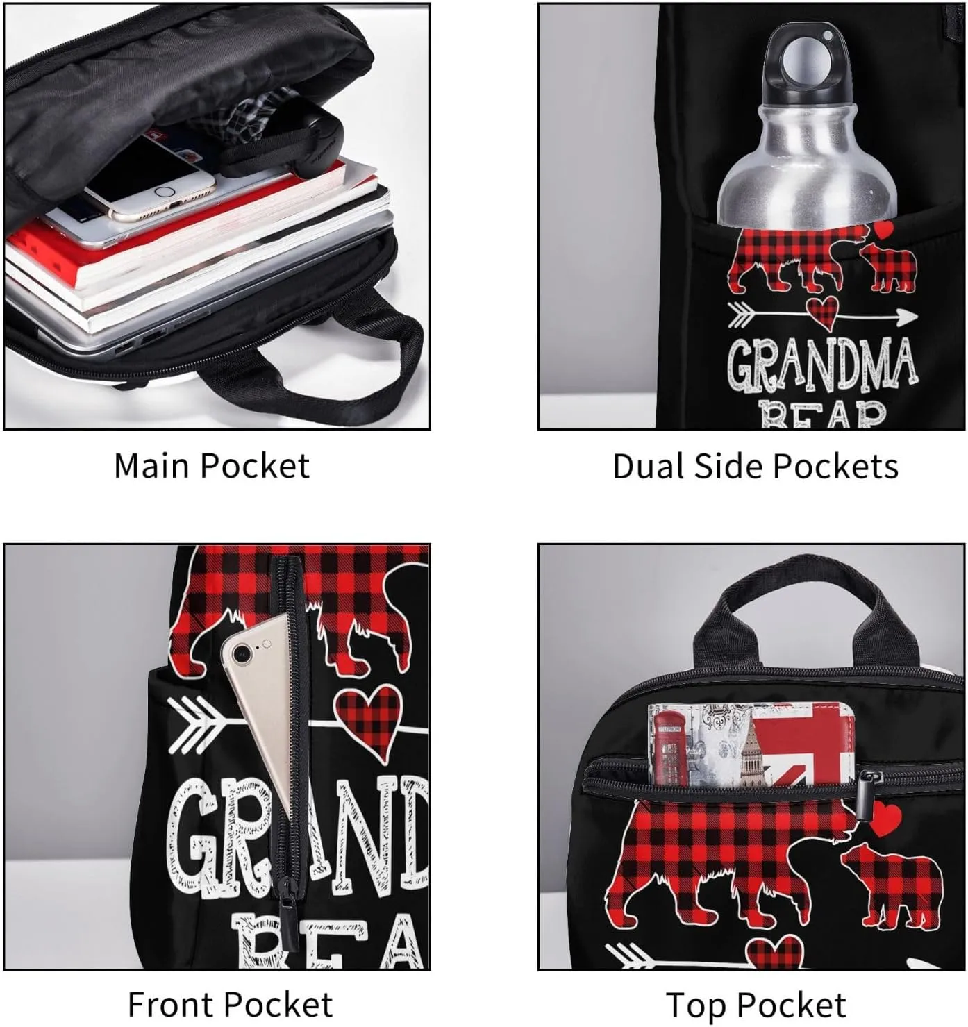Grandma Bear Christmas Red Plaid Buffalo Casual Backpacks Large Capacity Laptop Backpack Sports Rucksack Travel Daypack Adjustable Shoulder Strap Work Bag for Outdoor Camping
