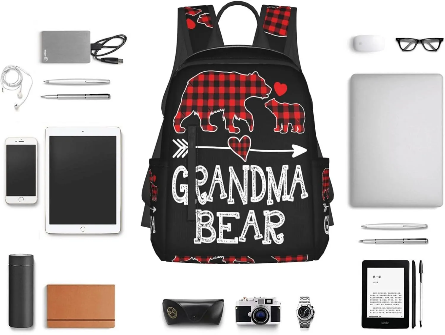 Grandma Bear Christmas Red Plaid Buffalo Casual Backpacks Large Capacity Laptop Backpack Sports Rucksack Travel Daypack Adjustable Shoulder Strap Work Bag for Outdoor Camping