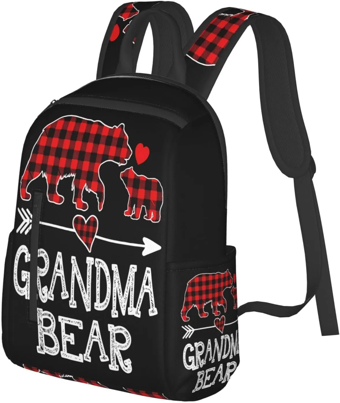 Grandma Bear Christmas Red Plaid Buffalo Casual Backpacks Large Capacity Laptop Backpack Sports Rucksack Travel Daypack Adjustable Shoulder Strap Work Bag for Outdoor Camping