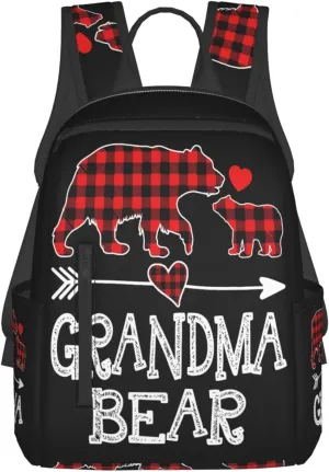 Grandma Bear Christmas Red Plaid Buffalo Casual Backpacks Large Capacity Laptop Backpack Sports Rucksack Travel Daypack Adjustable Shoulder Strap Work Bag for Outdoor Camping