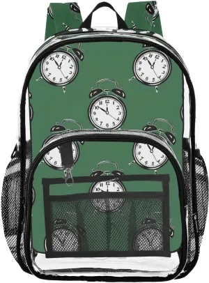 Green Alarm Clocks Pattern Clear Backpack for School Heavy Duty PVC Transparent Bookbag See Through Backpacks for Girls Boys School Stadium Events College