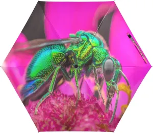 Green Insect Umbrellas for Rain Gather Honey Travel Umbrella Windproof Small Folding Compact Mini Umbrella for Purse Lightweight Portable Pocket for Women