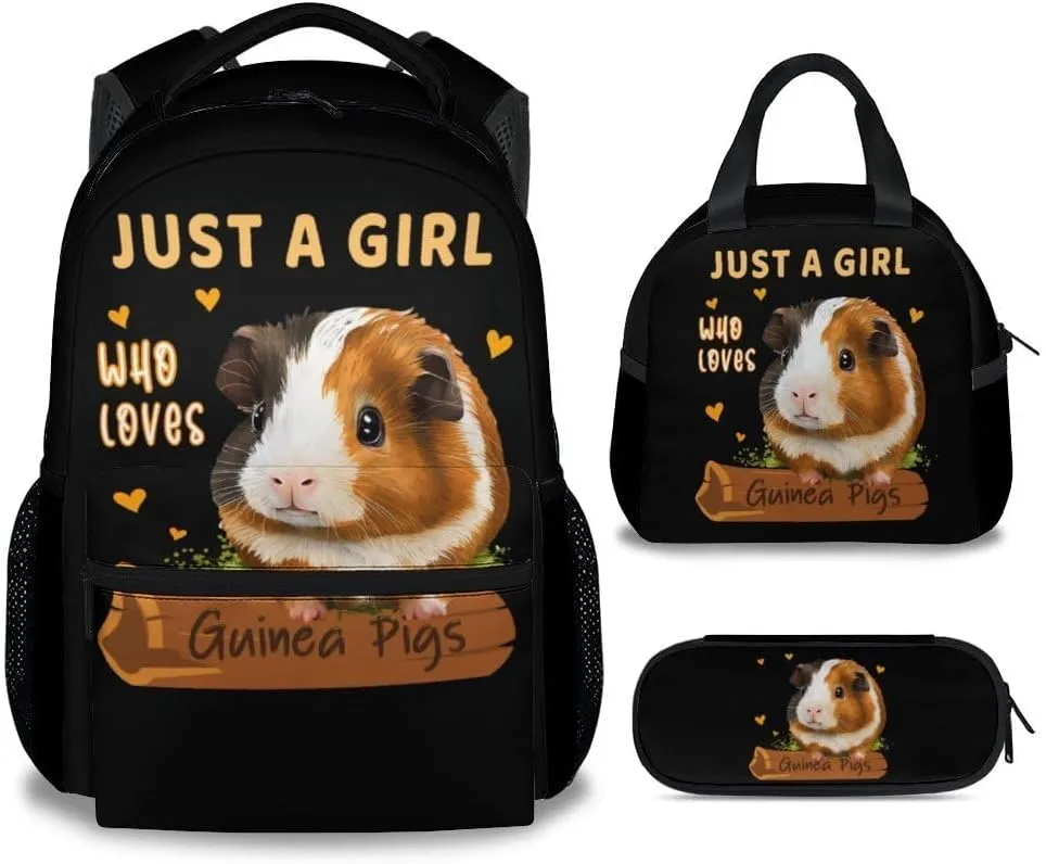 Guinea Pig Backpack with Lunch Box - Set of 3 School Backpacks Matching Combo for Girls - Funny Black Bookbag and Pencil Case Bundle
