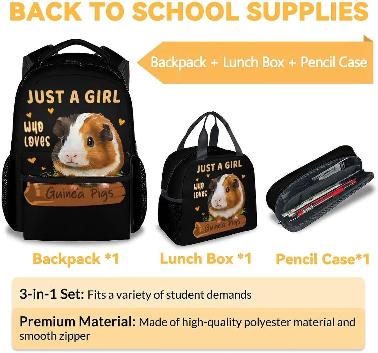Guinea Pig Backpack with Lunch Box - Set of 3 School Backpacks Matching Combo for Girls - Funny Black Bookbag and Pencil Case Bundle