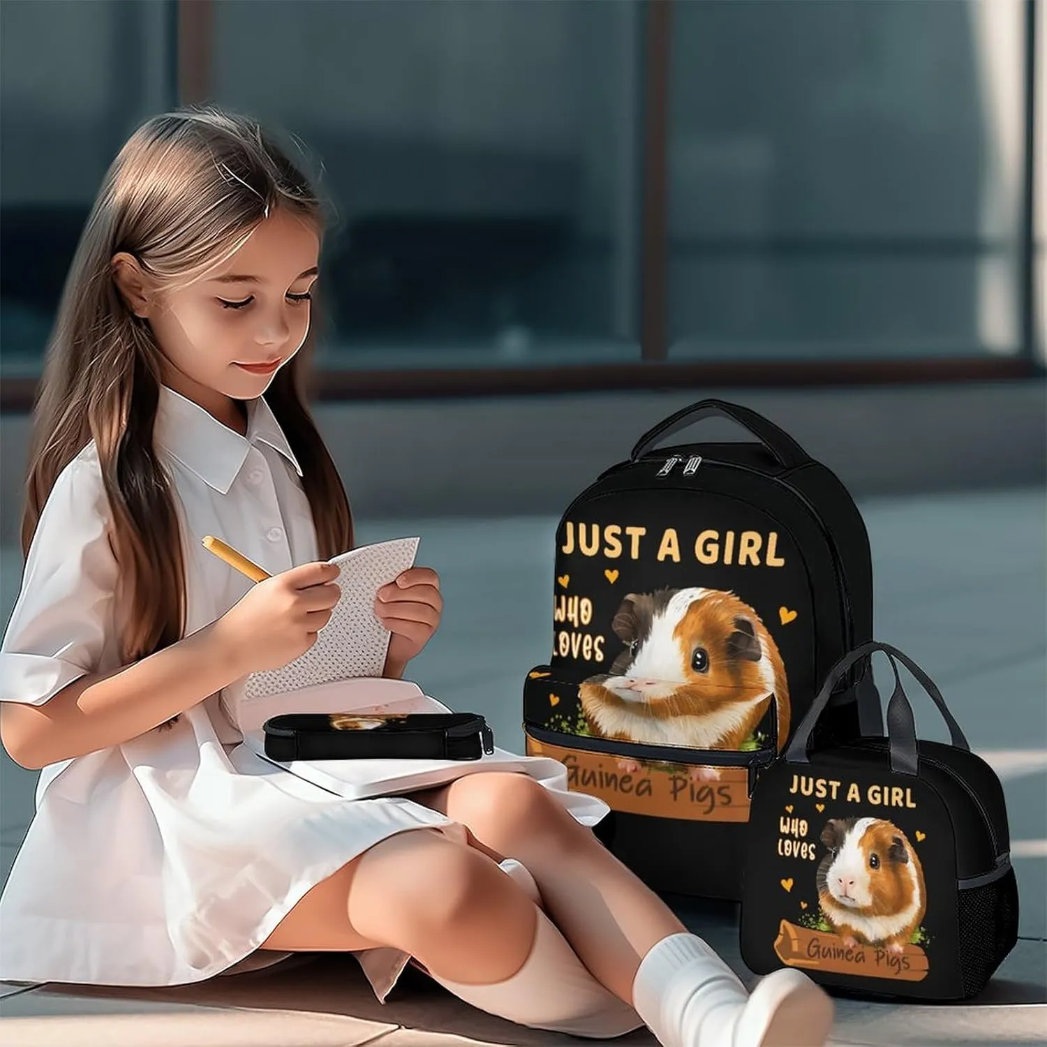 Guinea Pig Backpack with Lunch Box - Set of 3 School Backpacks Matching Combo for Girls - Funny Black Bookbag and Pencil Case Bundle