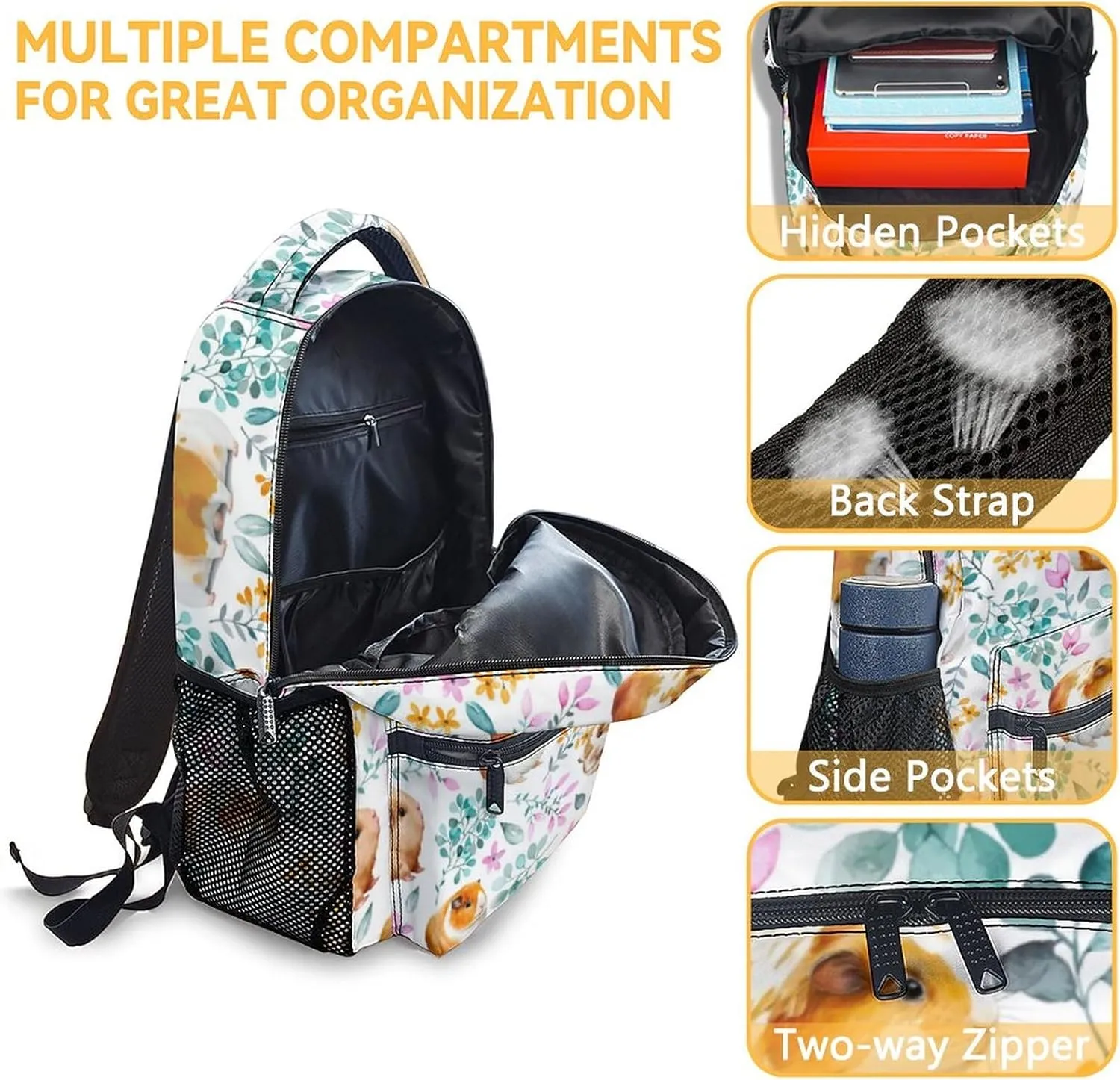 Guinea Pig Girls Backpack for School, 16 Inch White Backpacks for Kids, Cute Lightweight Bookbag for Travel