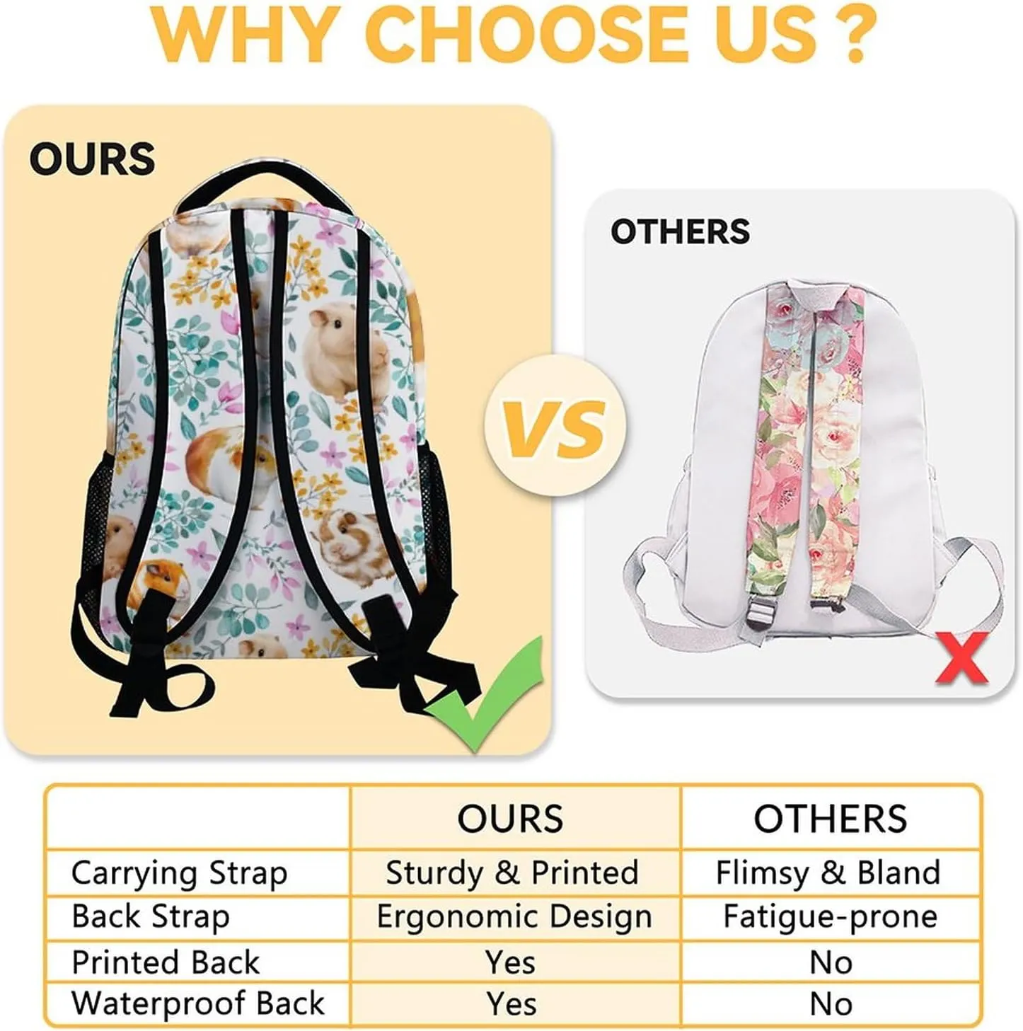 Guinea Pig Girls Backpack for School, 16 Inch White Backpacks for Kids, Cute Lightweight Bookbag for Travel
