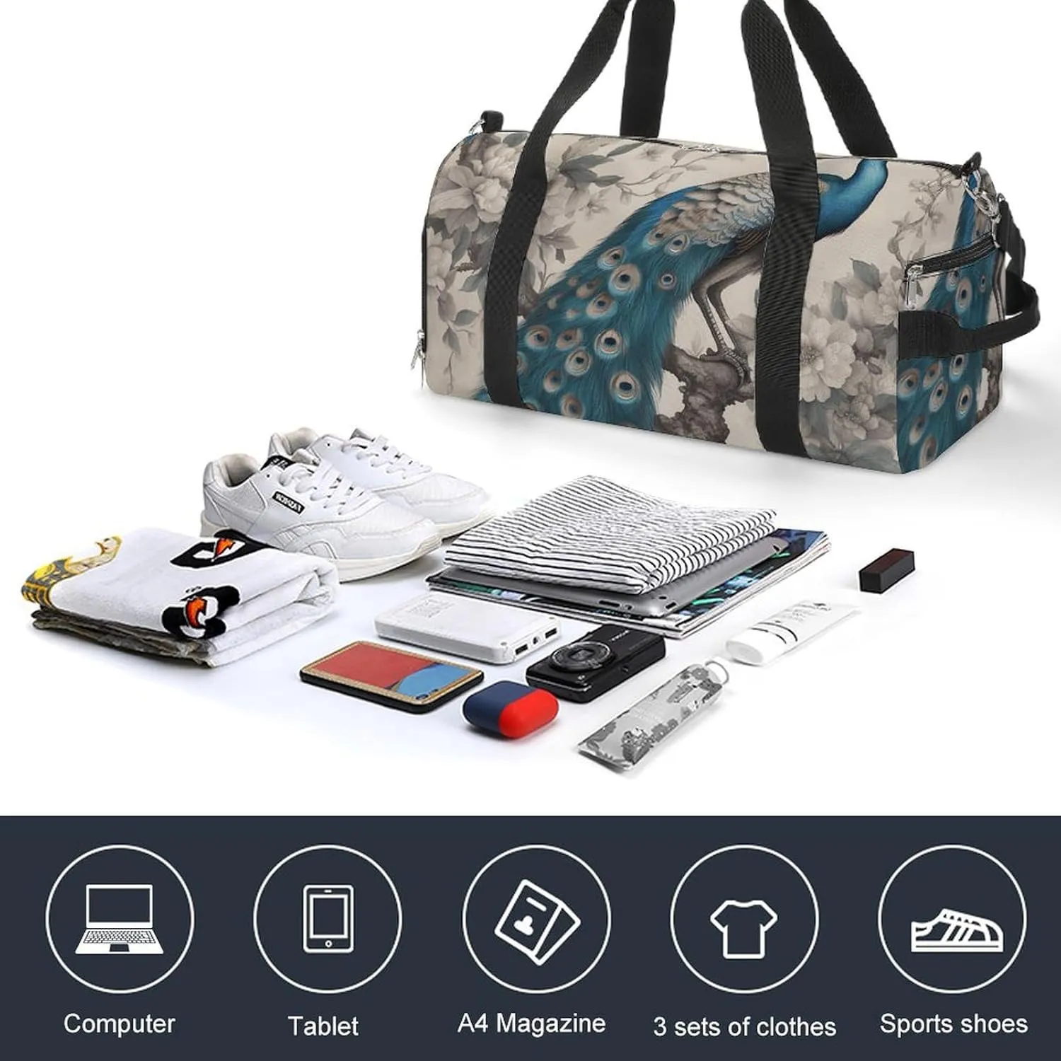 Gym Bag A Blue Peacock Duffel Bag for Men Women Overnight Bag with Shoe Compartment Workout Bags