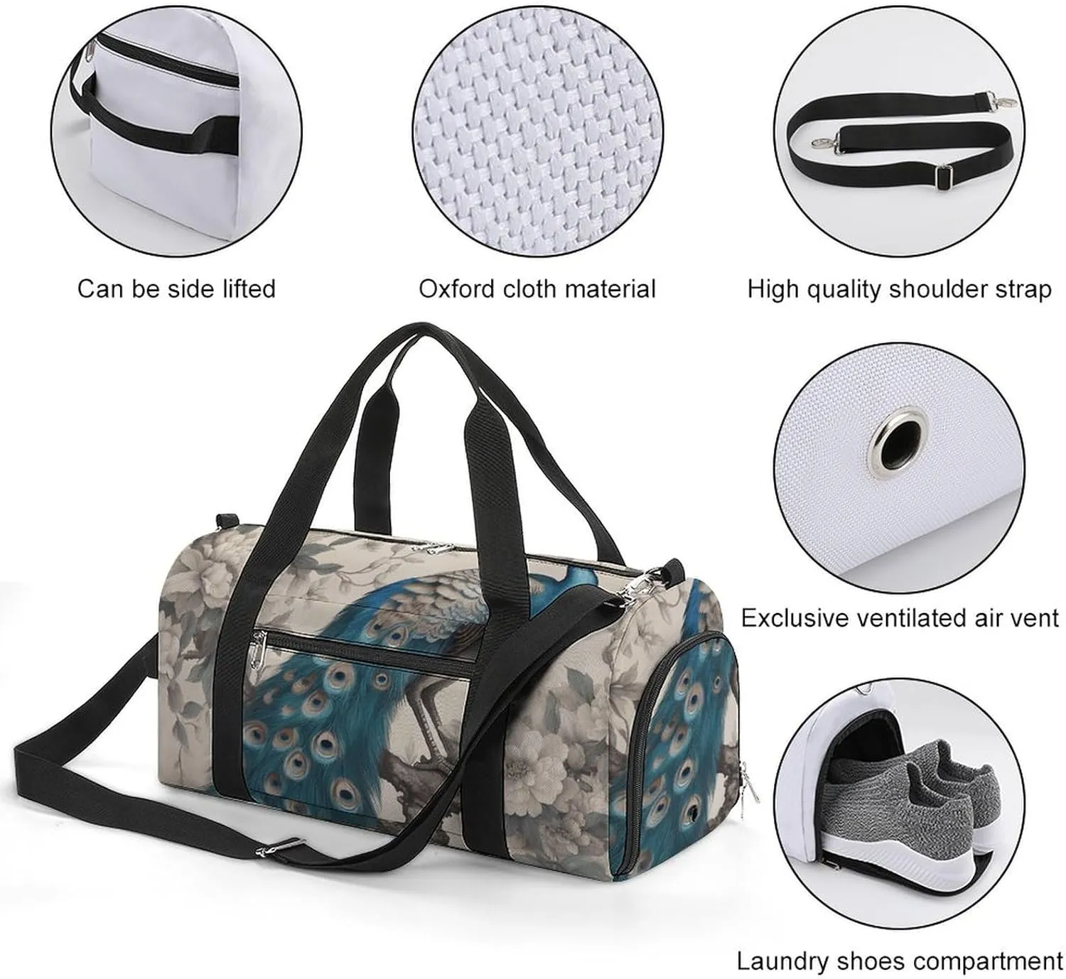 Gym Bag A Blue Peacock Duffel Bag for Men Women Overnight Bag with Shoe Compartment Workout Bags