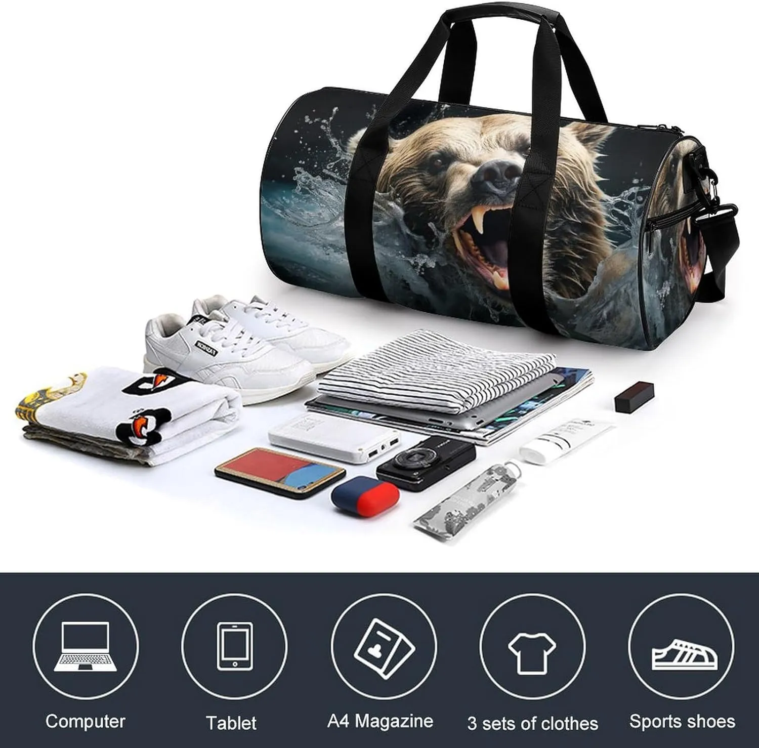 Gym Bag Bear Holding Fish Duffel Bag for Men Women Overnight Bag with Shoe Compartment Workout Bags