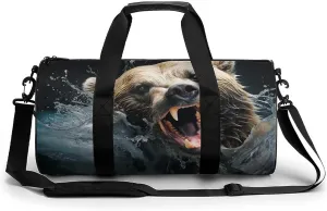 Gym Bag Bear Holding Fish Duffel Bag for Men Women Overnight Bag with Shoe Compartment Workout Bags