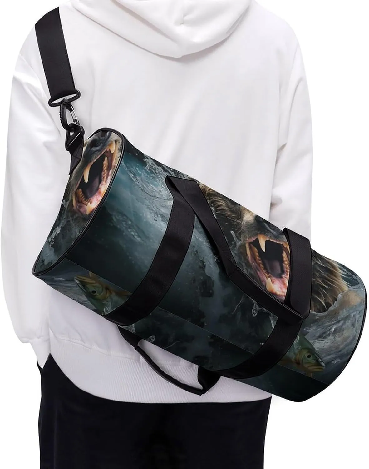 Gym Bag Bear Holding Fish Duffel Bag for Men Women Overnight Bag with Shoe Compartment Workout Bags