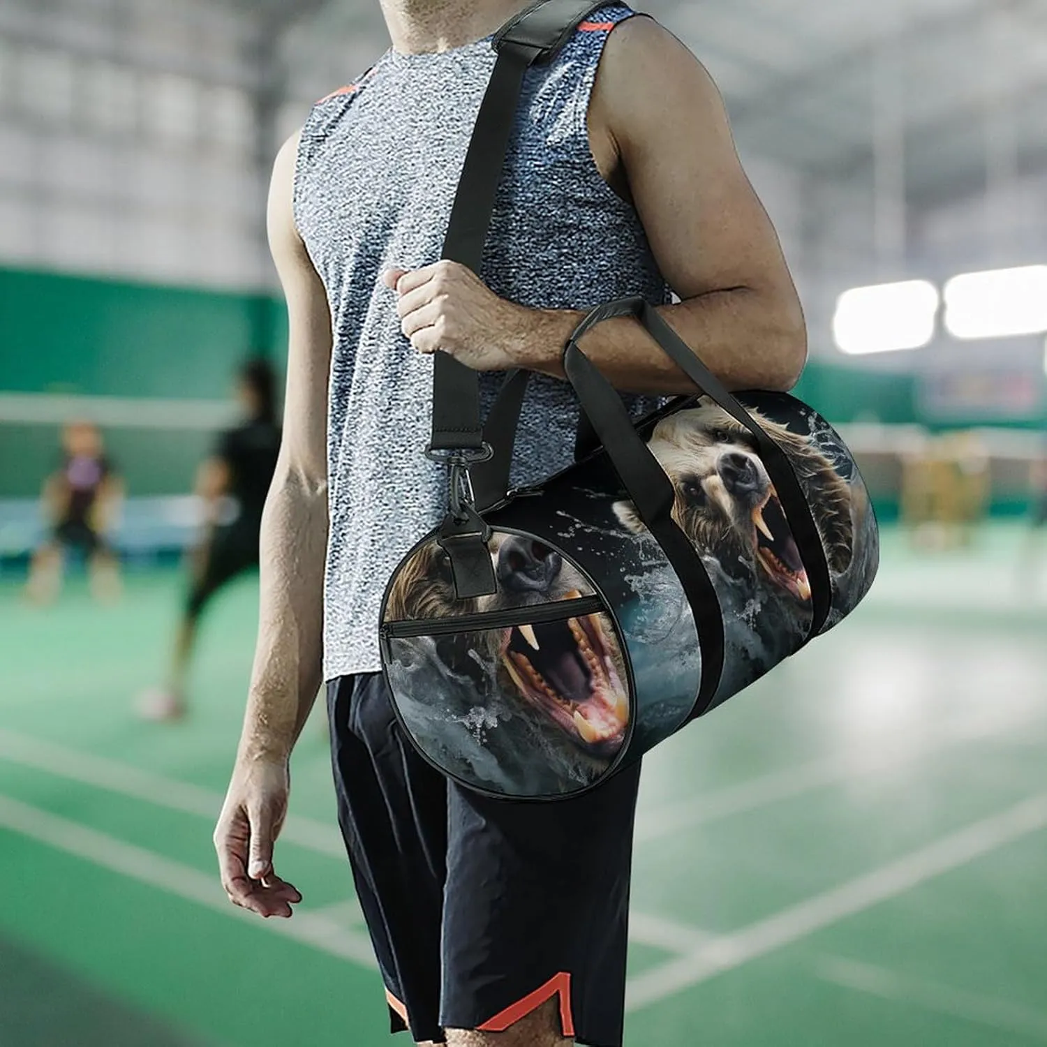 Gym Bag Bear Holding Fish Duffel Bag for Men Women Overnight Bag with Shoe Compartment Workout Bags