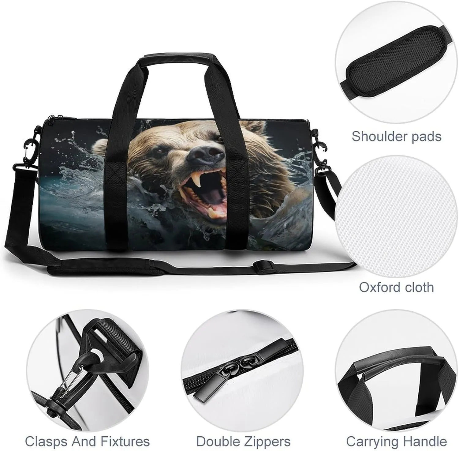 Gym Bag Bear Holding Fish Duffel Bag for Men Women Overnight Bag with Shoe Compartment Workout Bags