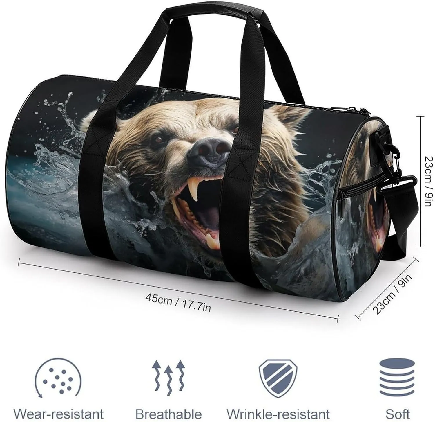 Gym Bag Bear Holding Fish Duffel Bag for Men Women Overnight Bag with Shoe Compartment Workout Bags