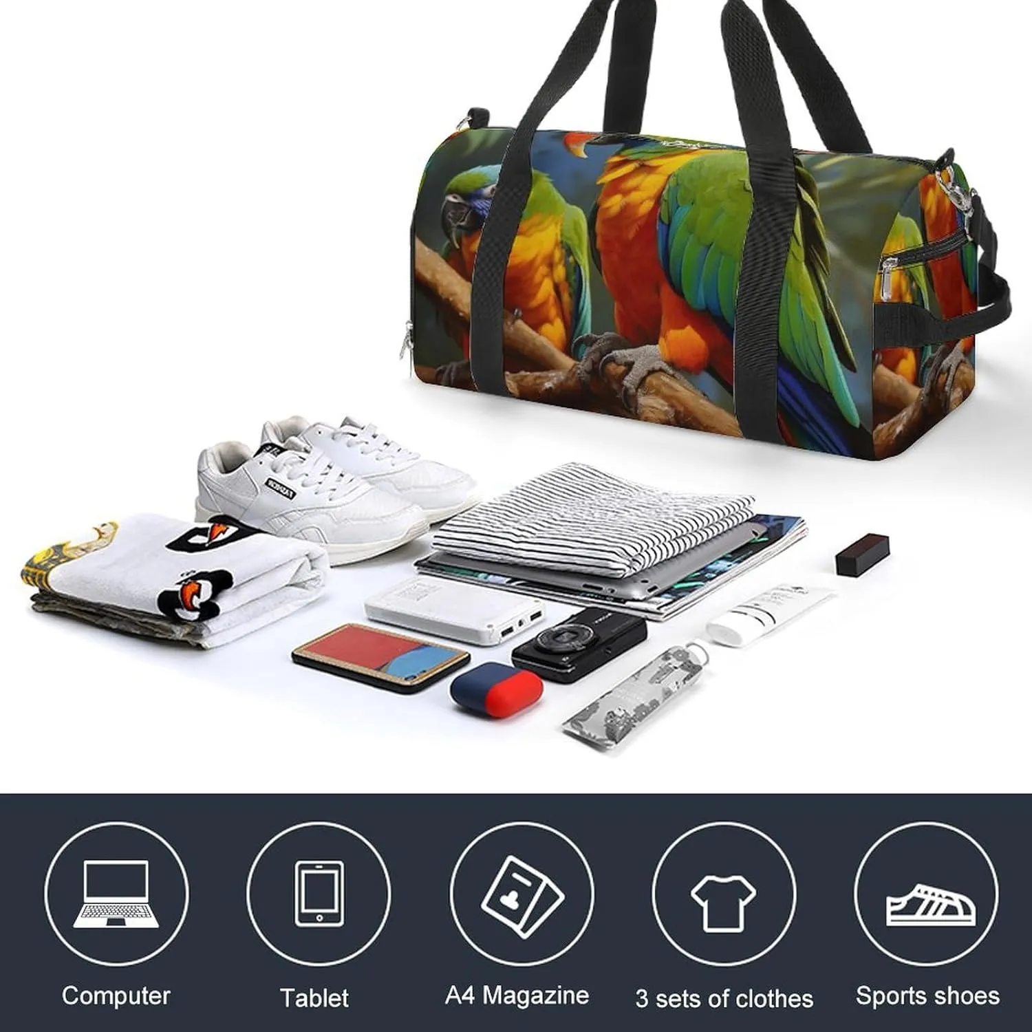 Gym Bag Bird Parrot Painting Duffel Bag for Men Women Overnight Bag with Shoe Compartment Workout Bags